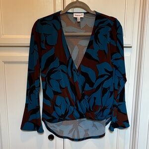 Veronica M Blue and Brown Floral Wrap Blouse